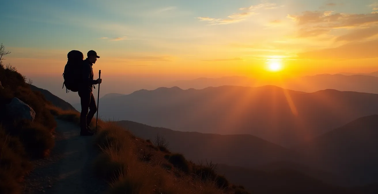 Silhouette d'un randonneur seul sur un sentier de crête au lever du soleil