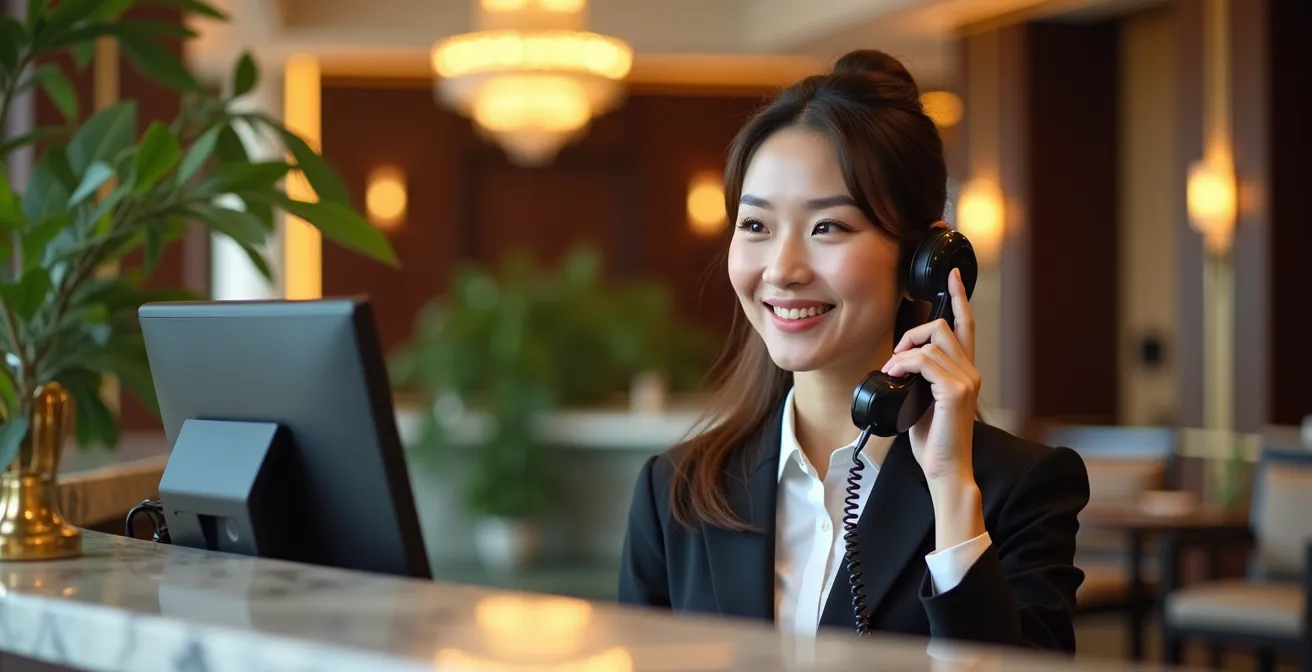 Réceptionniste d'hôtel souriant au téléphone dans un hall élégant
