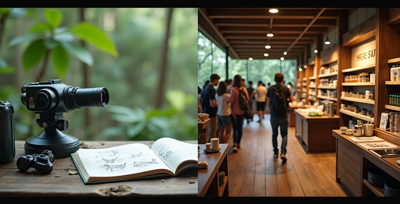 Contraste visuel entre une réserve naturelle authentique et un site touristique greenwashé