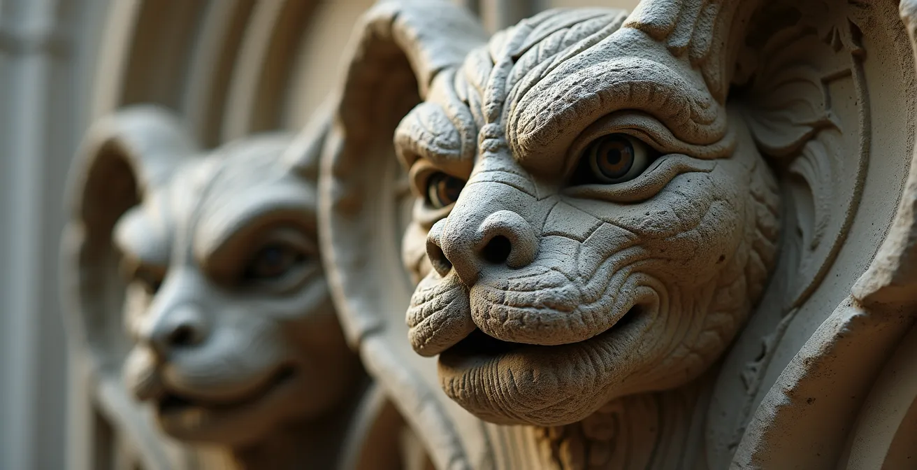 Gros plan macro sur une gargouille médiévale montrant les détails de la pierre sculptée et les traces de restauration