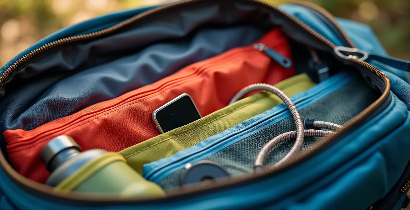 Sac à dos ouvert montrant l'organisation modulaire avec différentes pochettes colorées