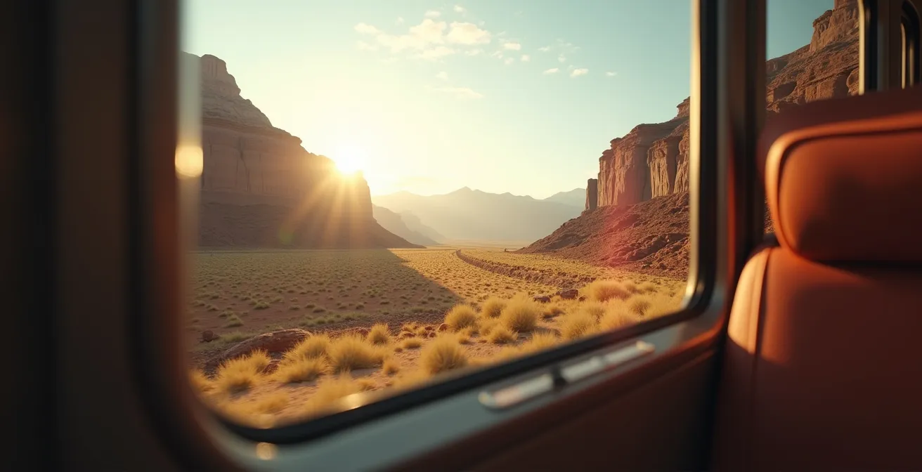 Composition photographique montrant la profondeur d'un canyon depuis un train avec technique des tiers
