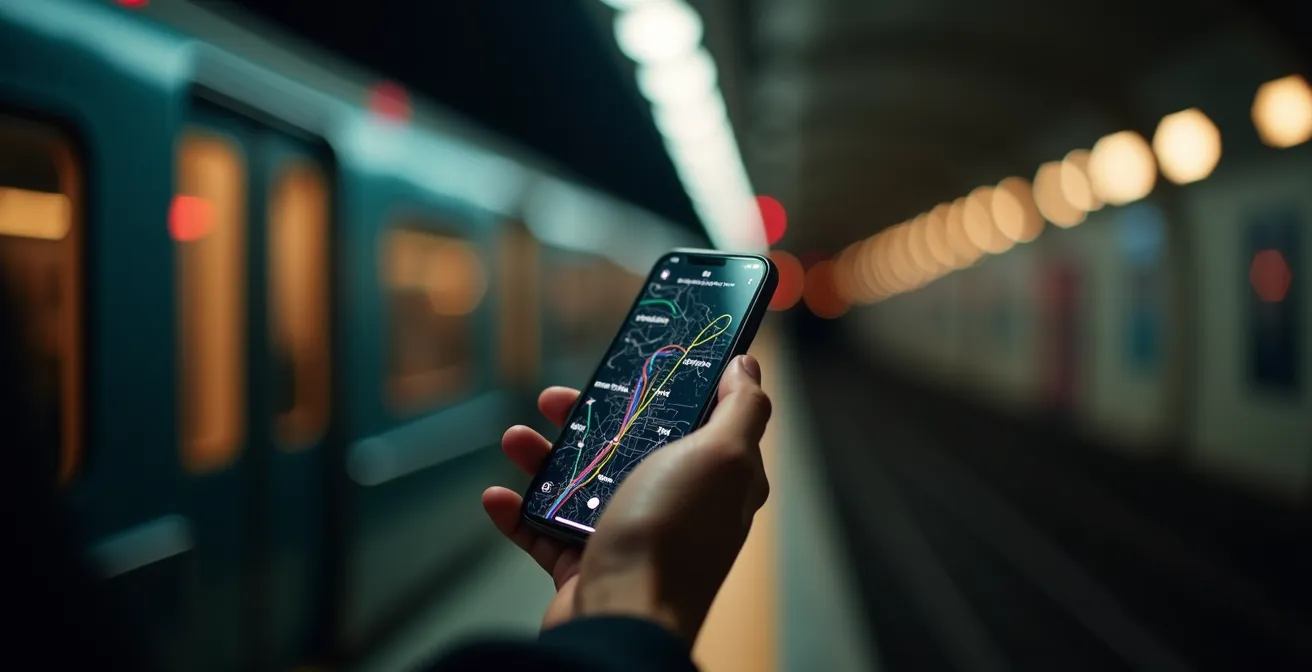 Main tenant un smartphone affichant un plan de métro dans un tunnel souterrain faiblement éclairé