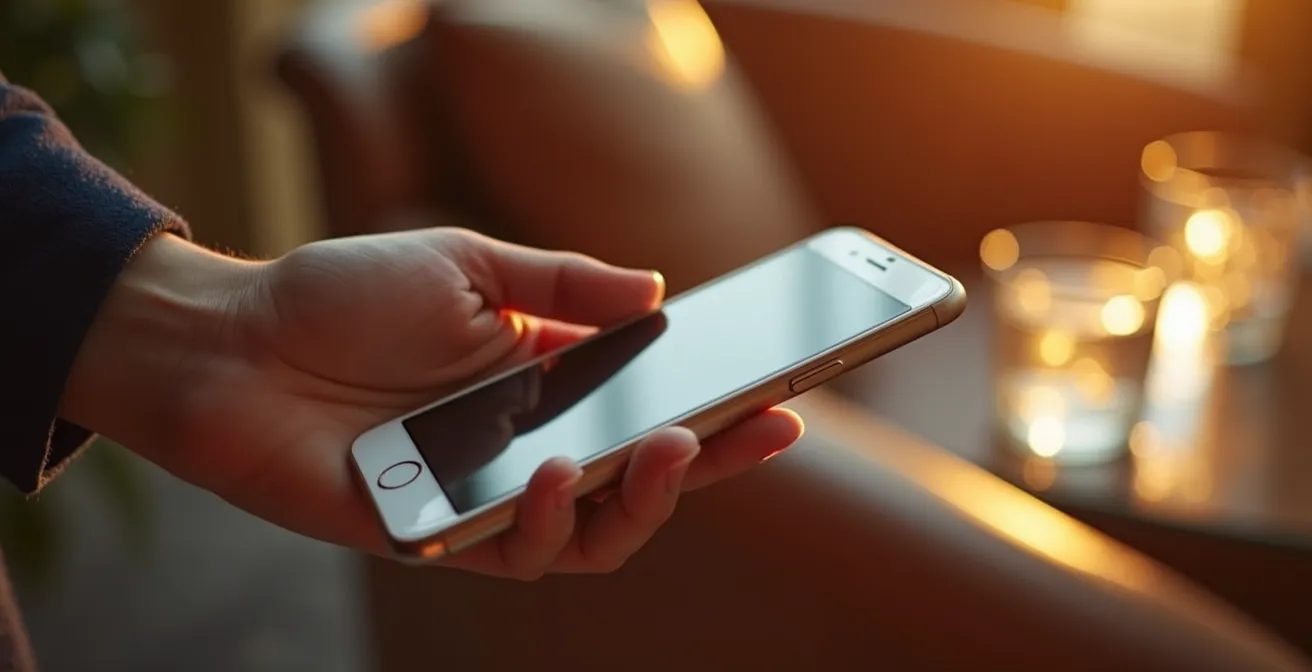 Main tenant un smartphone avec reflet de lumière dorée sur l'écran dans un environnement d'hôtel luxueux