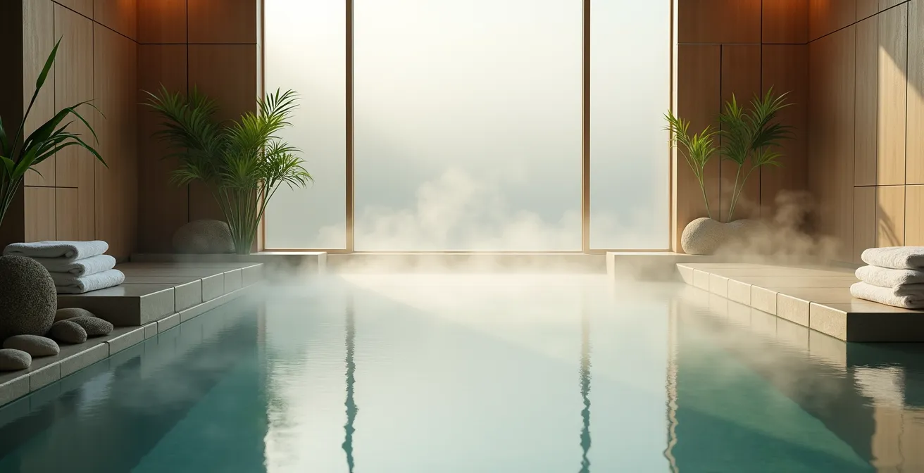 Piscine intérieure de spa d'hôtel avec ambiance zen et éclairage tamisé
