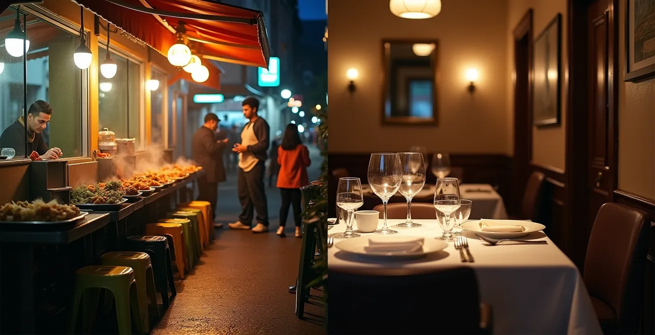 Vue séparée d'un marché de rue animé et d'un restaurant étoilé, illustrant les deux faces de la gastronomie urbaine