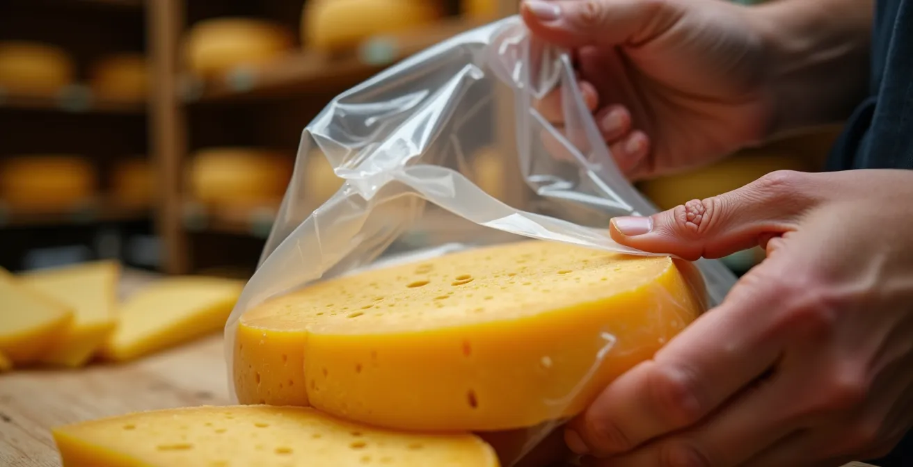 Gros plan sur des mains emballant sous vide un fromage artisanal avec une machine professionnelle