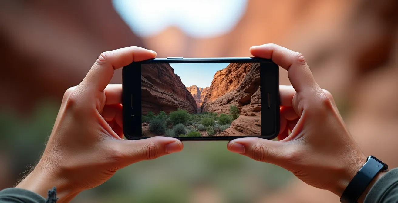 Mains tenant un smartphone en mode pro photographiant un canyon avec réglages manuels visibles