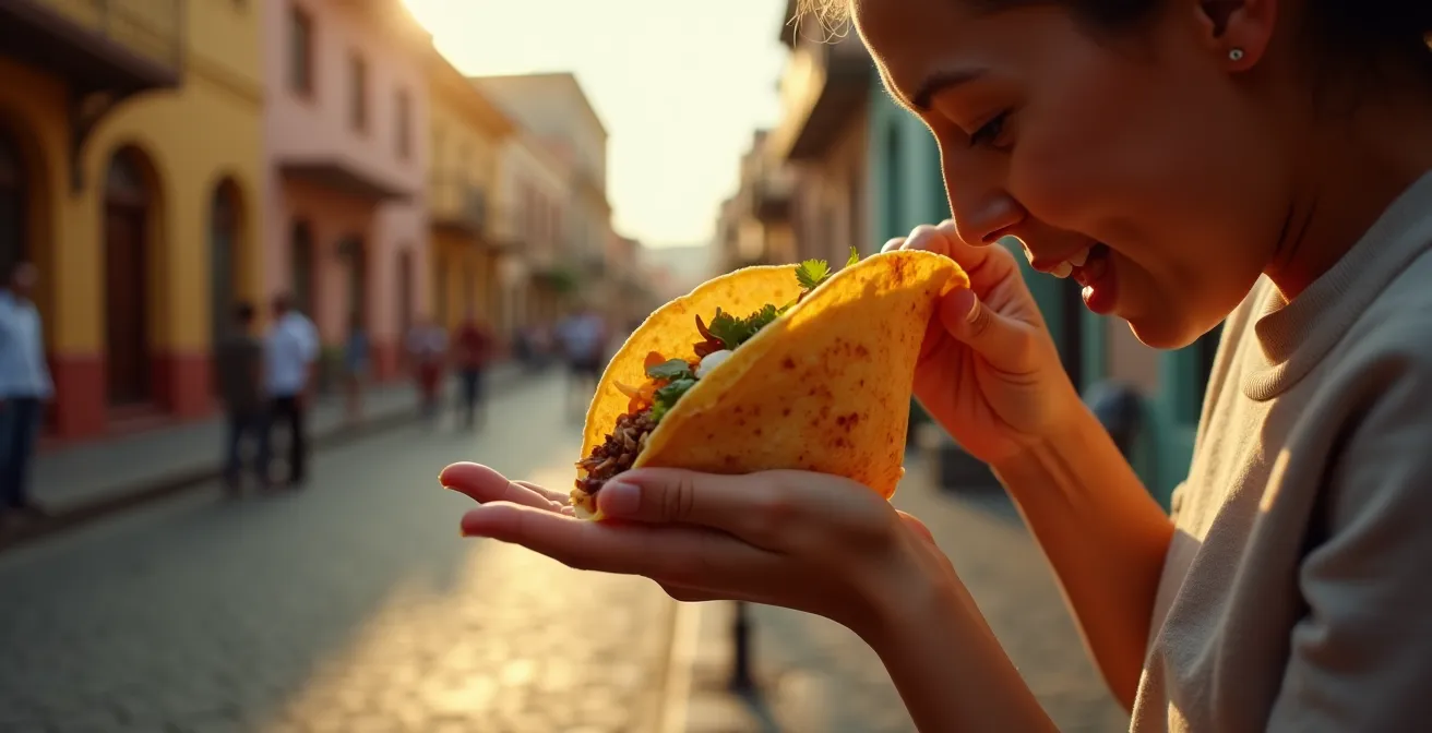 Vue latérale d'une personne tenant correctement un taco avec la technique mexicaine traditionnelle dans une rue animée