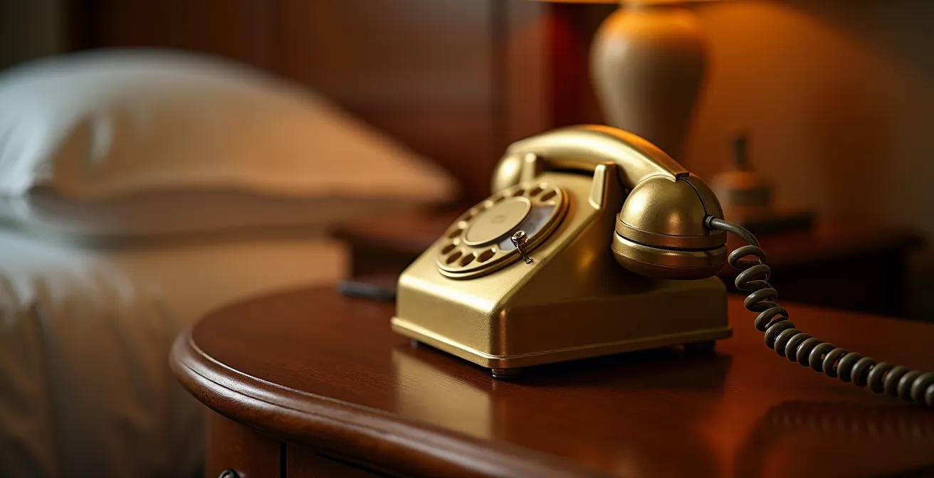 Téléphone vintage doré sur table de chevet dans une chambre de palace