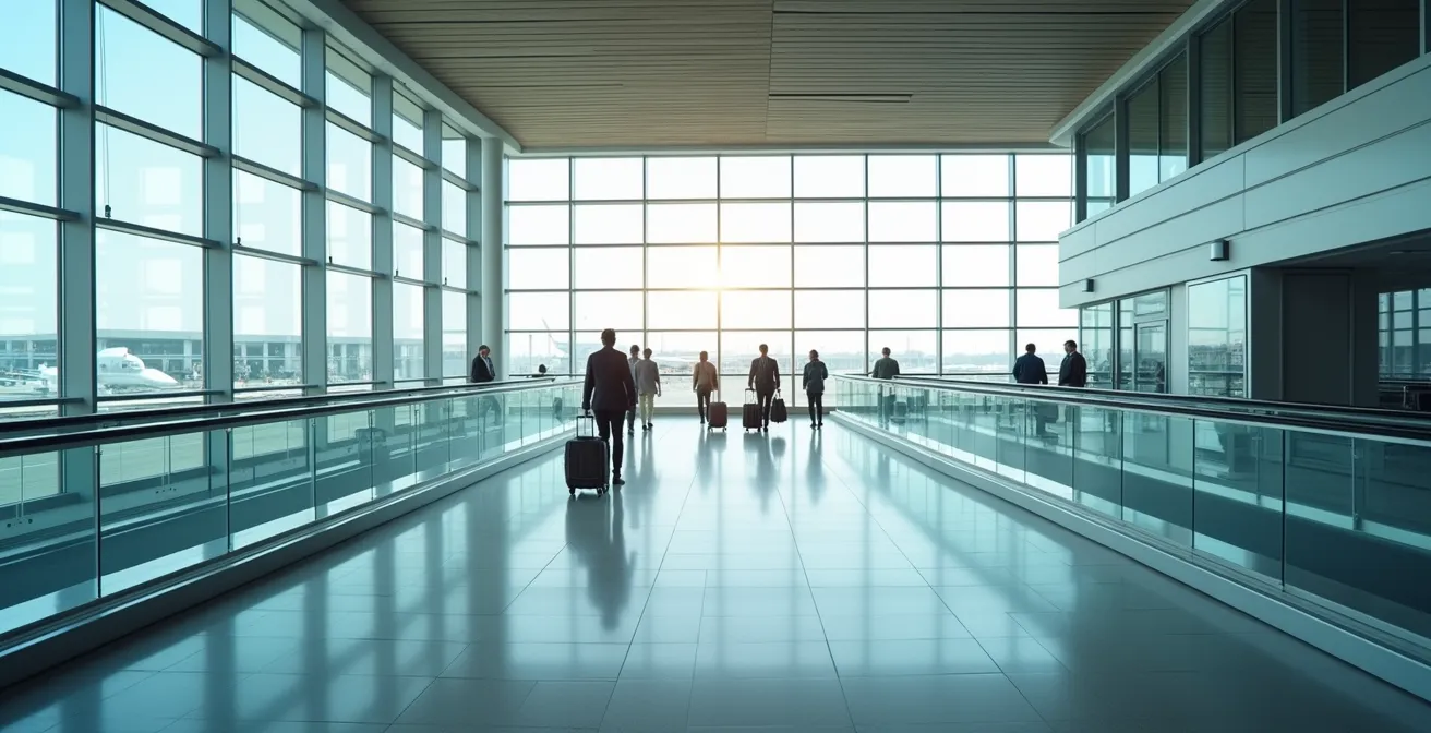 Vue grand angle d'une passerelle de connexion entre terminaux dans un aéroport moderne