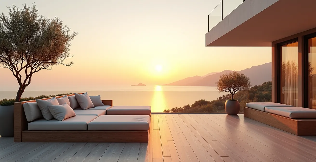 Terrasse aménagée avec mobilier d'extérieur donnant sur un paysage côtier au coucher du soleil