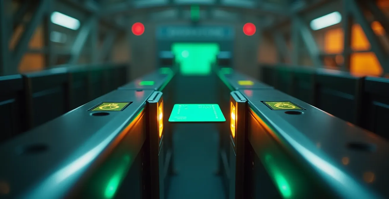 Voyageur validant sa carte à la sortie d'une station avec portiques automatiques et indicateurs de zones