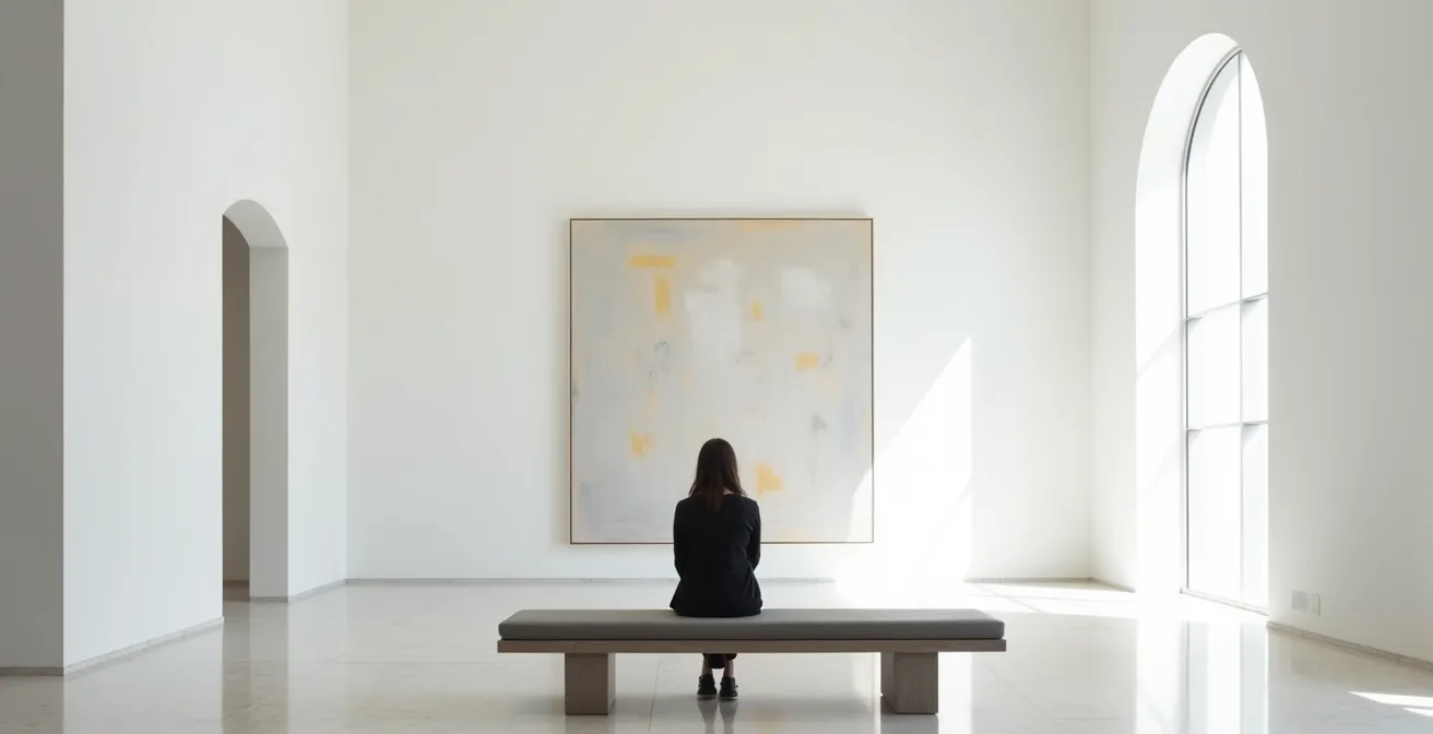 Personne seule assise sur un banc face à une grande toile dans une salle de musée épurée