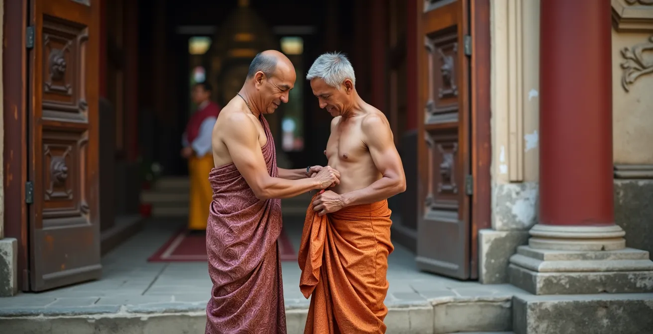 Visiteur occidental portant un sarong traditionnel à l'entrée d'un temple, aidé par un local.