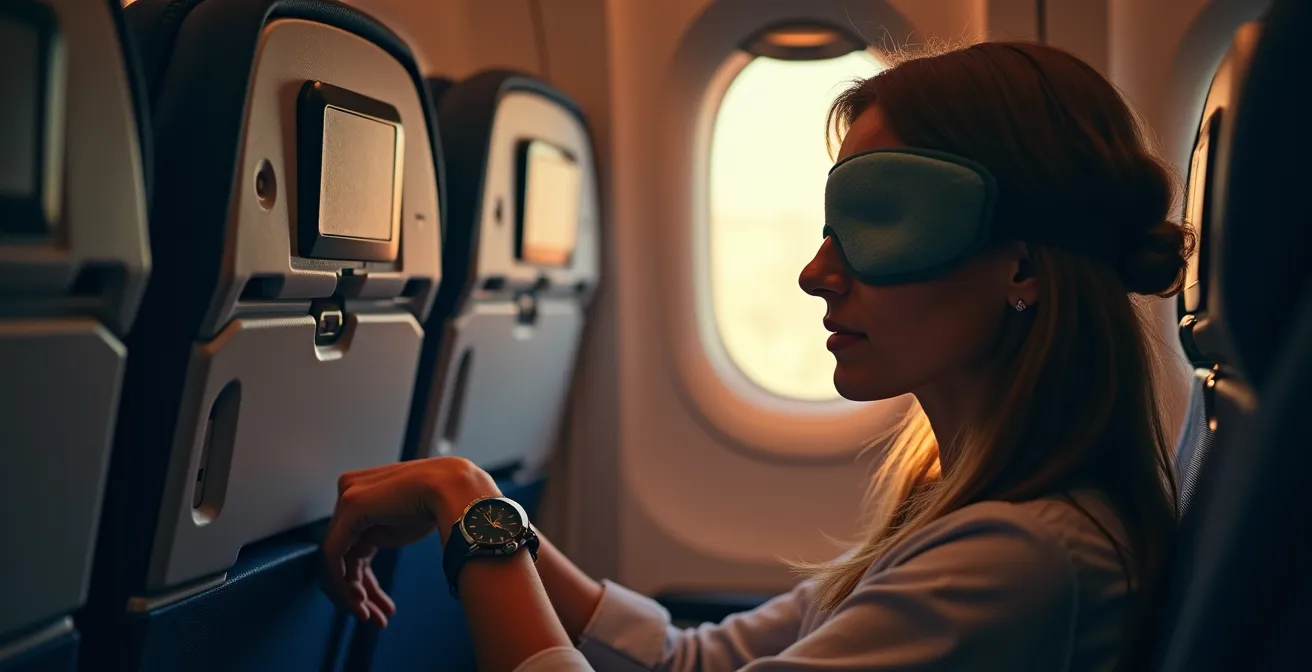 Passager dans un avion face au dilemme du sommeil avec montre montrant différents fuseaux horaires