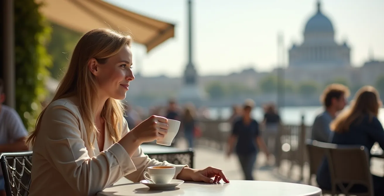 Personne assise à une terrasse de café avec vue sur un monument célèbre au loin