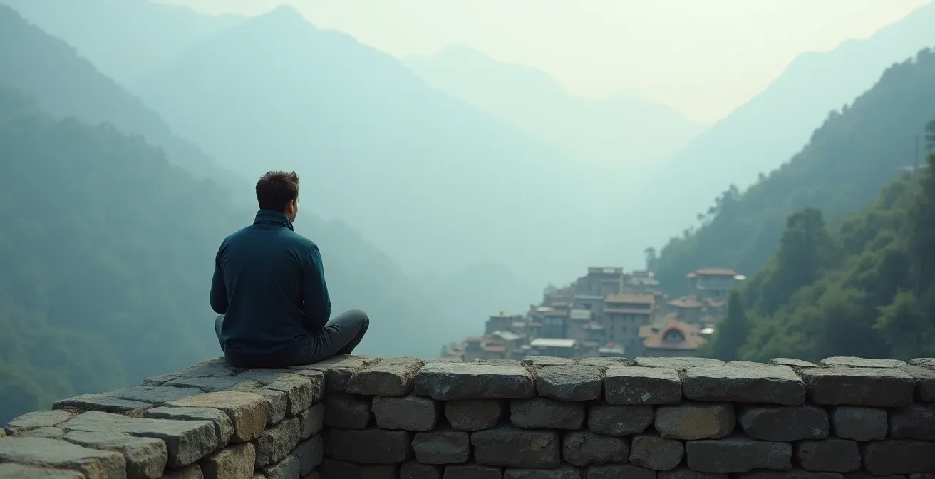 Voyageur assis sur un muret en pierre observant un village perché au loin dans la brume matinale