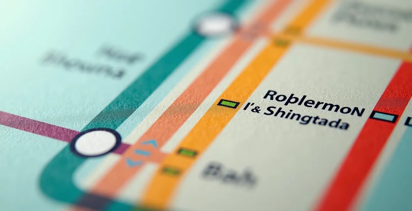 Vue macro d'une carte de métro stylisée montrant les transitions de zones avec des couleurs dégradées