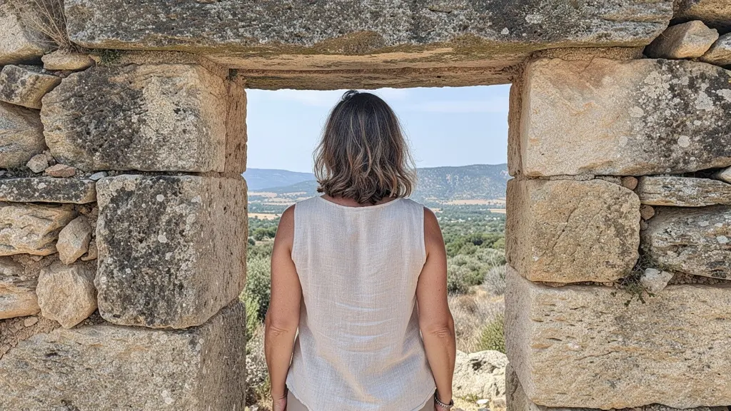 Visiteur observant le linteau de pierre d'une borie provençale